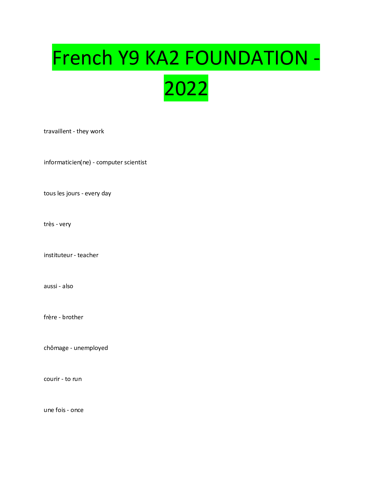 Preview image for French Y9 KA2 FOUNDATION - 2022